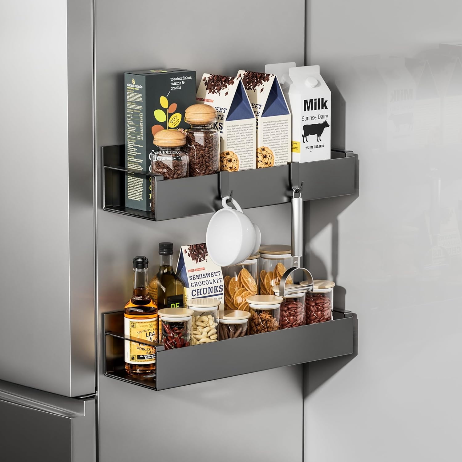 RGHJAR-Magnetic Fridge Organizer, Spice Rack, Kitchen Organizers and Storage, Cabinet Organizer with Shelf, Pantry Organization for Countertop, Over the Door Storage with Detachable 2 Hooks