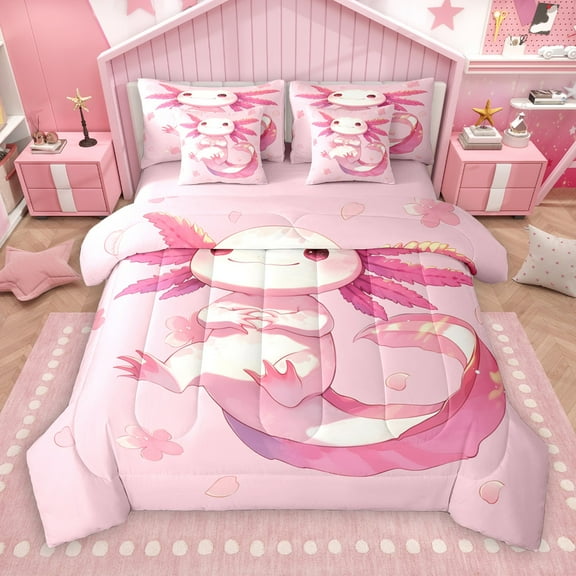 Castle Fairy Cartoon Pink Axolotl 7-Piece Twin Bedding Sets for Children Teens,Flower Animal Salamander Bedding Comforter Set,Cherry Blossom Sakura Breathable Sheet Sets,Luxury Bedroom Decor