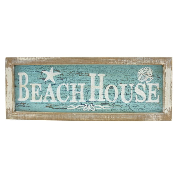 Beachcombers Framed Beach House Painted Wood Wall Plaque 15 Inch Distressed Blue and White