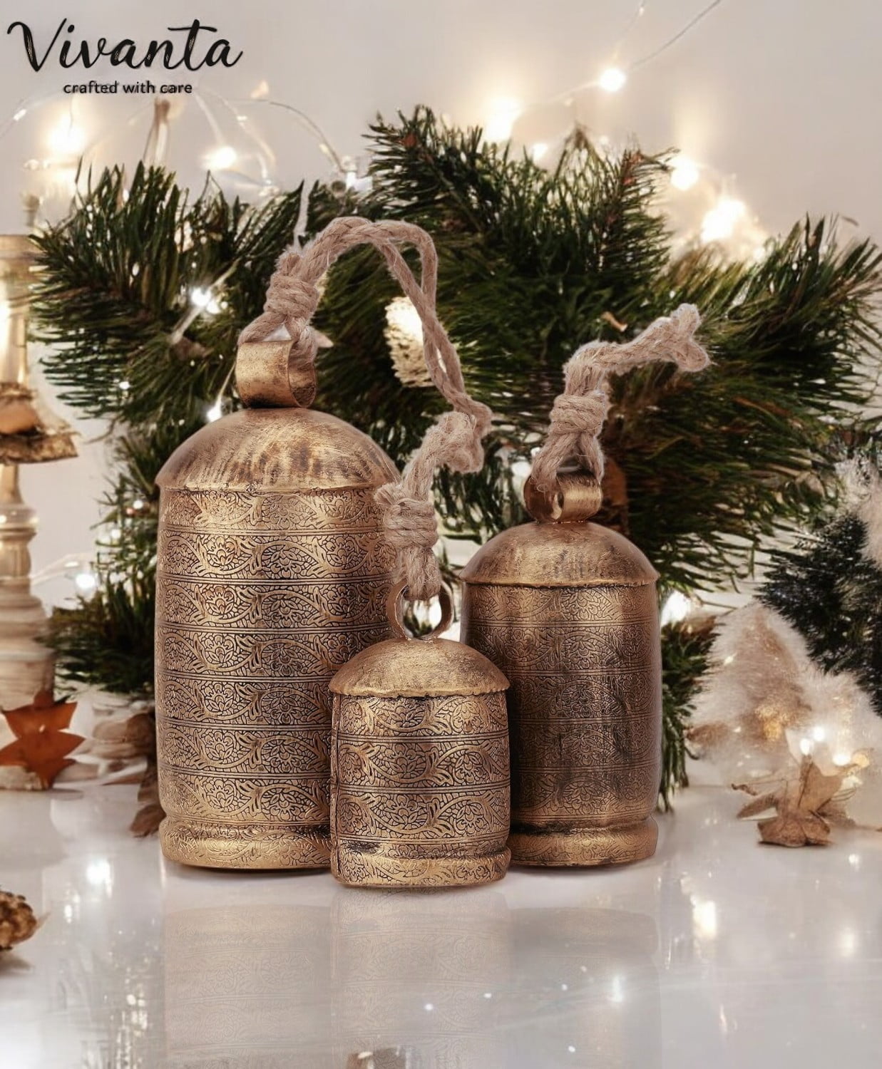 Vivanta Rustic Holiday Wind chimes – Christmas Decor with Krampus Bell Style – Gold Cow Bell Ornaments, 5.5", 7.5", 10", Set of 3