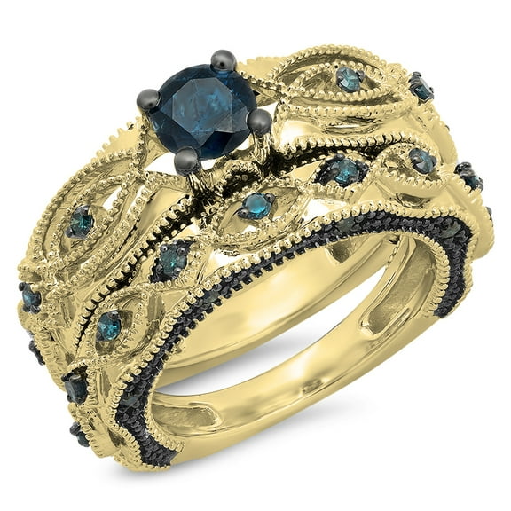 Dazzlingrock Collection 1.05 Carat (ctw) 14K Round Blue Diamond Bridal Vintage Engagement Ring Set 1 CT, Yellow Gold, Size 8.5