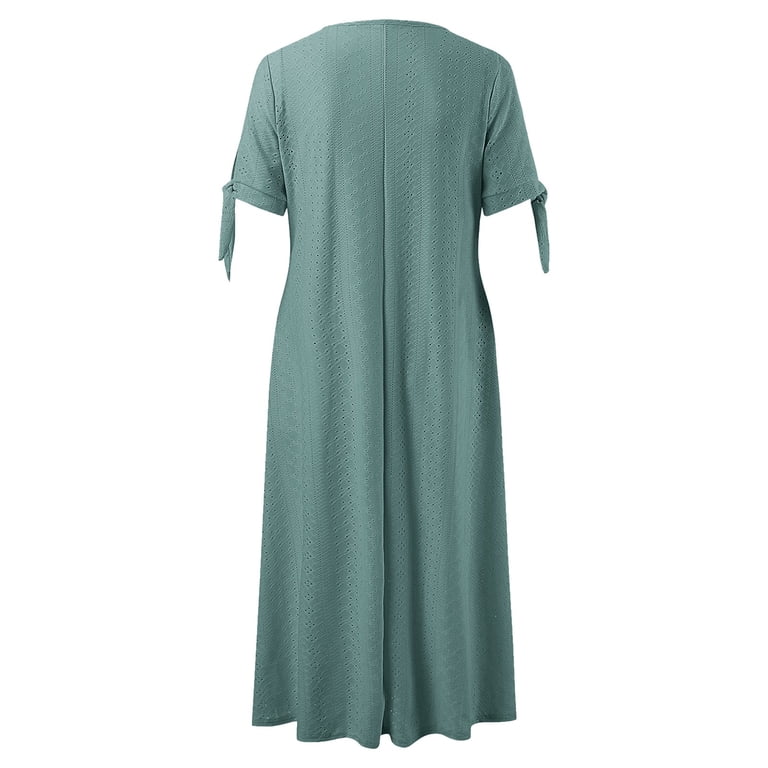plain pleated dress Women's Casual Pleated Dress Solid Lace Hollow Button Pocket Dress Bow Short Sleeve V Neck Midi Dress Long Maxi Dresses for Women Summer Short Sleeve Maxi Dress Plain Summer Dresses Cute Dresses