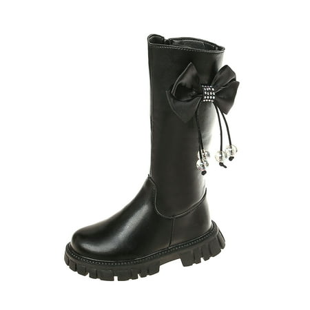 

AJTQTH Girls Boots Knee High and Side Zipper Faux Leather Bows Rhinestones Decorated Shoes Thick Soled Kids Warm Fall and Winter Snow Booties Black 32