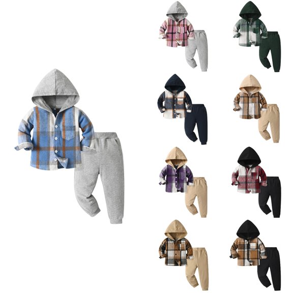 Agkizg 2PC Plaid Long Sleeve Hooded Cardigan Elastic Waist Jogger Pants with Pockets Set Casual Outfits (Toddler Boy's or Toddler Girl's),2-Piece Set,Sizes 6 Months-10 Years