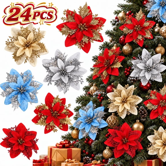 Henotian 24Pcs Poinsettia Christmas Flowers Decorations, 6 Styles Glitter Artificial Flowers with Clips and Stems for Christmas Tree, Wreath, Garland and Holiday Decor
