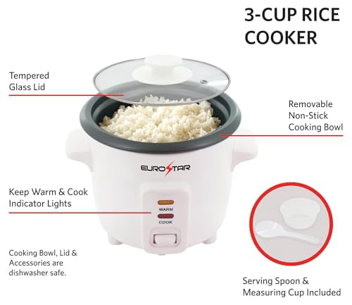 EUROSTAR RC603 3-Cup Rice Cooker, White