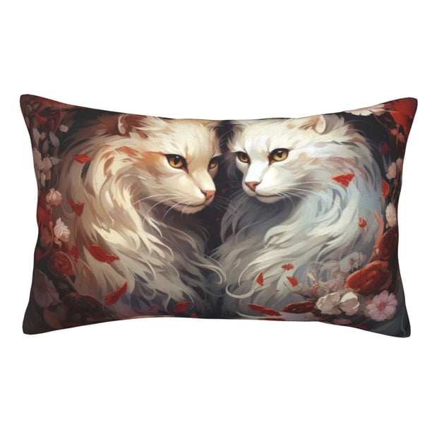 Fotbe Flower Cat Couple Funda de Almohada Decorativa Estilo Occidental, Lujo en Algodón, Fundas para Almohadas King, Cojín Estampado para Decoración del Hogar-16"x24"