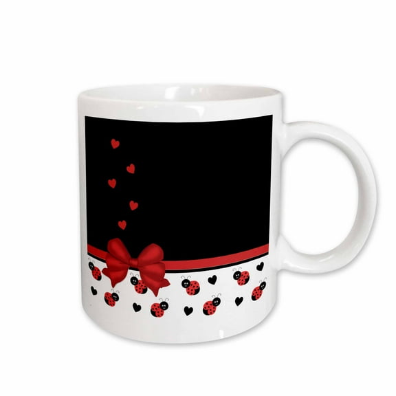 3drose, Cute Red Black Ladybugs Floating Hearts Red Ribbon, 15oz Mug