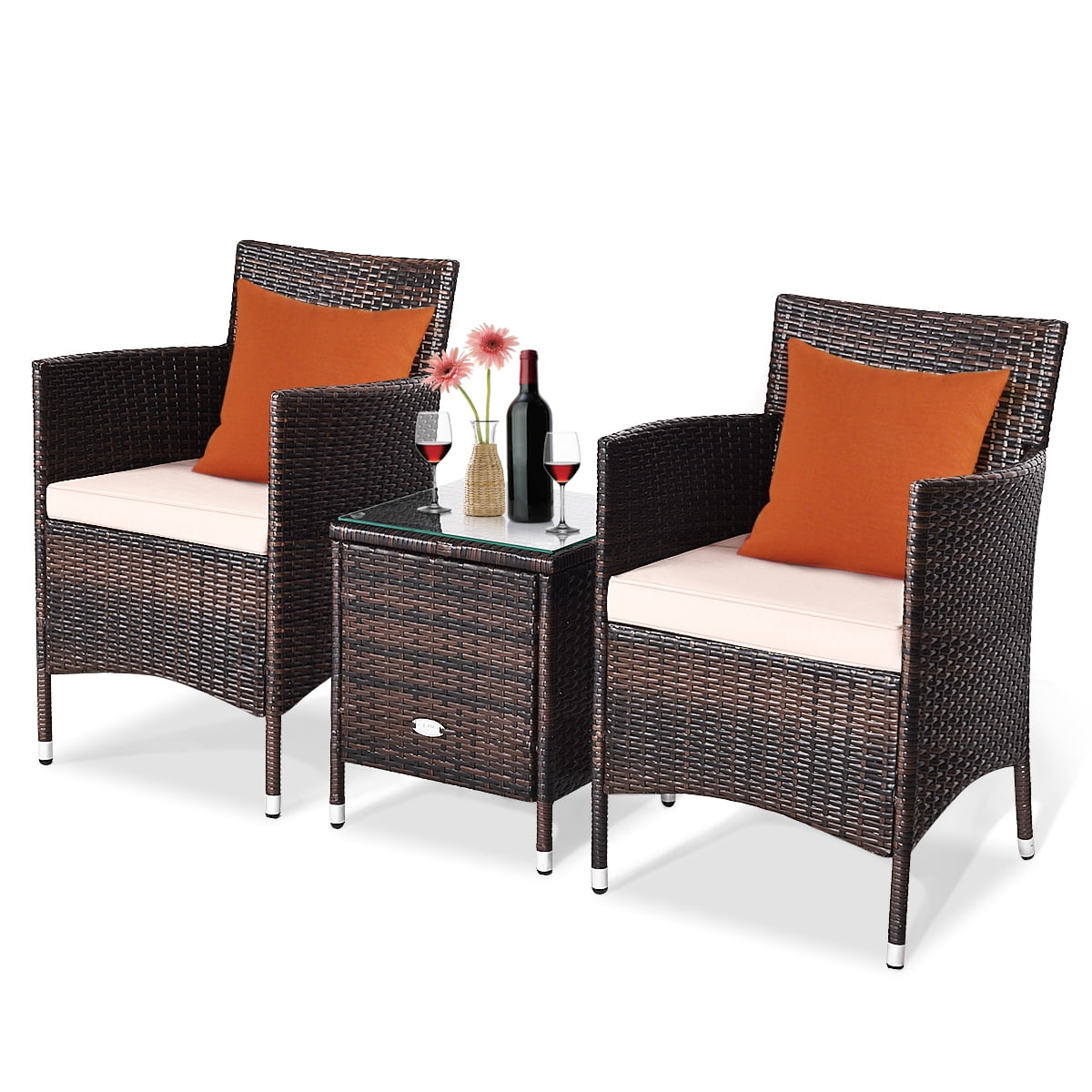 Gymax 3PCS Patio Rattan Chair & Table Furniture Set Outdoor w/ Beige Cushion