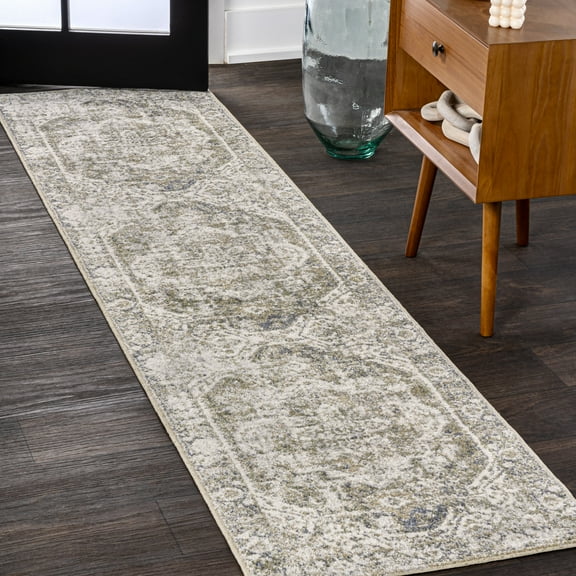 JONATHAN Y WASHABLE 2 x 8 Runner Rug, Keesha Bold Distressed Medallion - Green/Cream, WSH316C-28