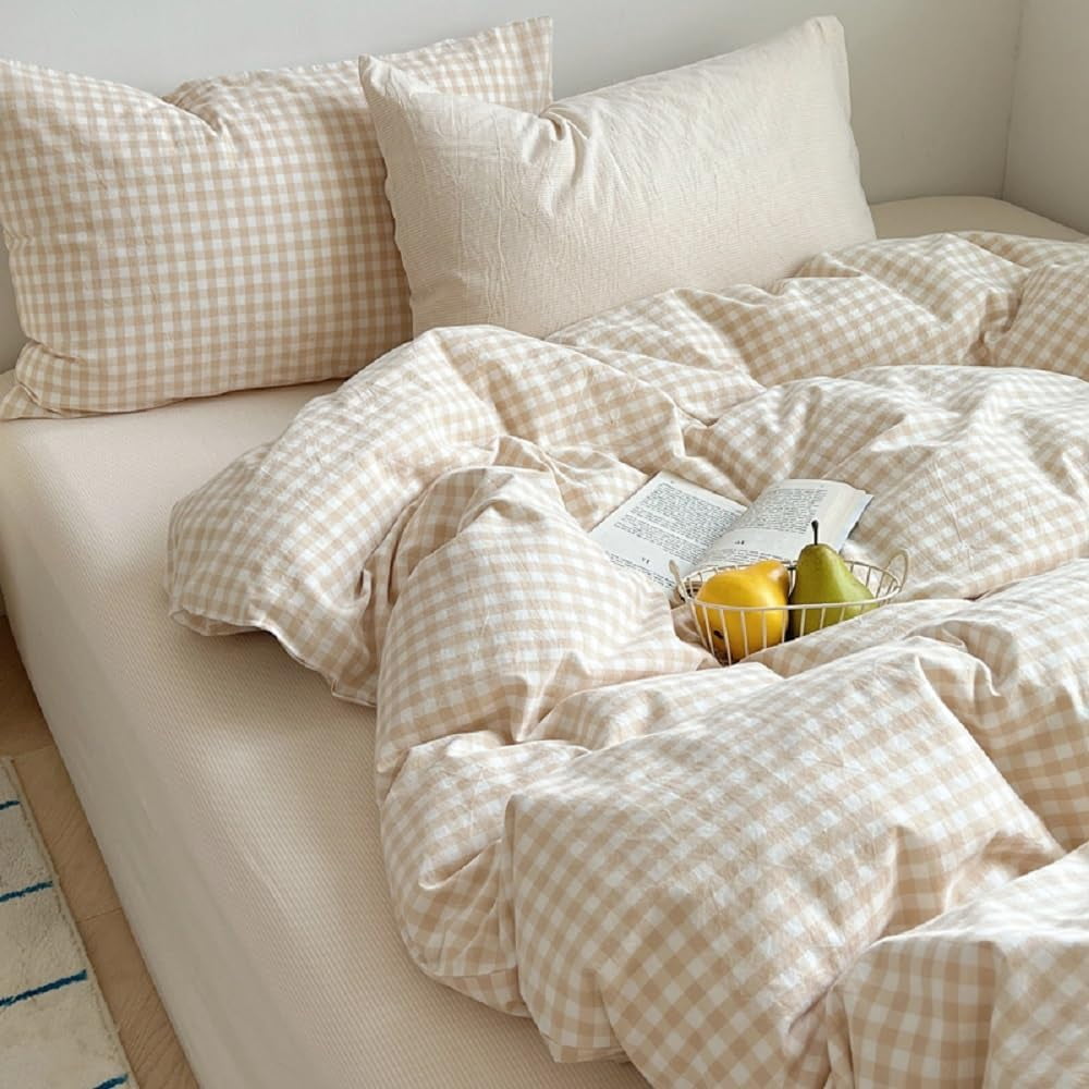 JOLUSERE Soft Beige White Plaid Comforter Twin Sets, 2 Pieces Breathable Plaid Buffalo Checkered Comforter for All Season