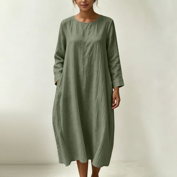 Dpjklzsn Women's Cotton Linen Blend Round Neck Maxi Dress with Long Sleeves, Side Pockets and Relaxed Fit