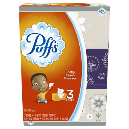 Puffs, Everyday Non-lotion Facial Tissues, 3 Family Boxes, 180 Tissues per Box