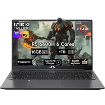 15.6" IPS FHD New Gaming Laptop Computer 6 Cores AMD Ryzen 5 6600H 16GB DDR5 RAM 1TB SSD 660M 6nm GPU-Computer with 100W Type-C Backlit Keyboard, Fingerprint Gray
