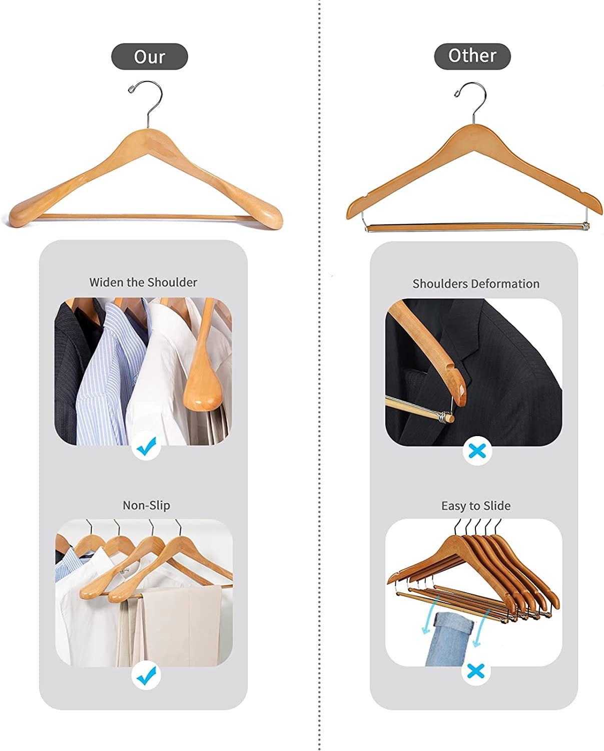 Luxury Natural Wooden Suit Hangers - 6 Pack with Glossy Finish, Extra-Wide Shoulders, 360-Degree Swivel Hooks and Anti-Slip Bar with Screw