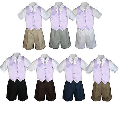 

4pc Set Boy Toddler Formal Lilac Vest and Necktie Black Navy Khaki Shorts S-4T