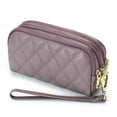 thumbnail image 1 of Sonducket Carteras de mujer con correa para la muñeca, tarjetero de PU, monedero de bolsillo con tres cremalleras, bolso de mano de estilo Carteras Púrpura, 1 of 6