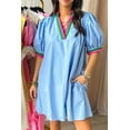 thumbnail image 3 of Women's Notched Puff Sleeve Swing Dress 100% Cotton Lightweight Everyday Dress for Spring Summer and Casual Office Wear, 3 of 10