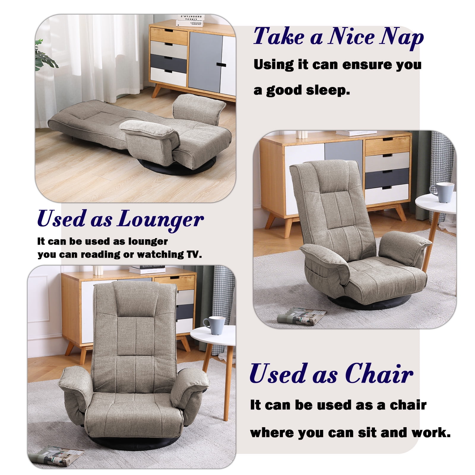 360 Degree Swivel Floor Chairs for Adults, Gaming Floor Chair with Back Support, 14 Angles Adjustable Comfortable Floor Lounge Chair Folding Video Game Chairs Office Bedroom