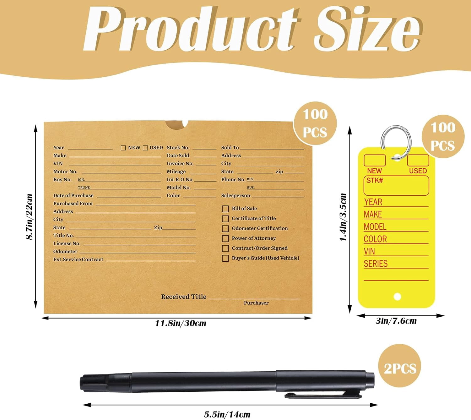 100 Pcs Vehicle Dealer Jackets 9 x 12 Inches Printed Vehicle Deal Envelopes 100 Pcs Car Key Tags with Rings 2 Pens for Office Car Subscribe Order Dealership Operations Accessory(Yellow)