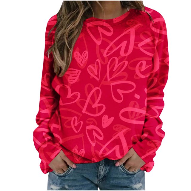 Womens Valentines Long Sleeve Shirts Casual Oversized Round Neck Printed Pullover Lightweight Tops Fall Clothes