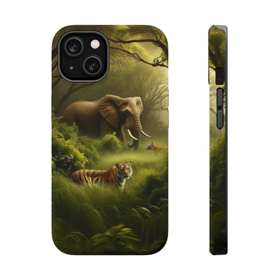 DistinctInk Tough Case for Apple iPhone 15 (6.1" Screen), Compatible with MagSafe Charging - "Jungle Encounter: A Bengal Tiger and African Elephant"