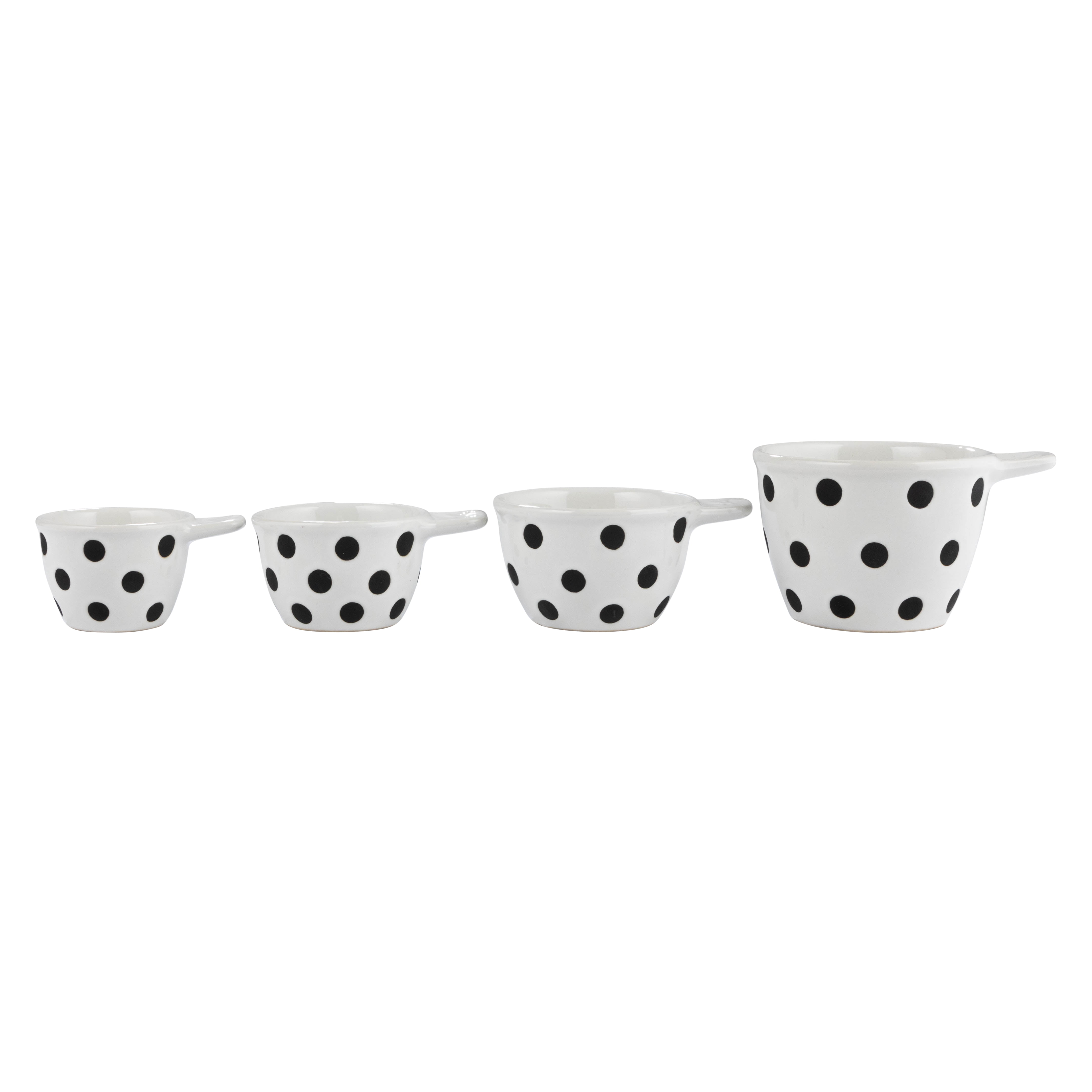 Creative Co-Op Ceramic Measuring Cups with Polka Dots, Set of 4 Sizes, Black and White