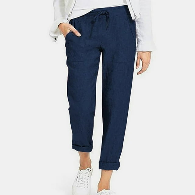 RKSTN Womns Pants Solid Color Drawstring High Waist Pocket Loose Large Size Cotton Casual Pants Lightweight Soft Workout Pants