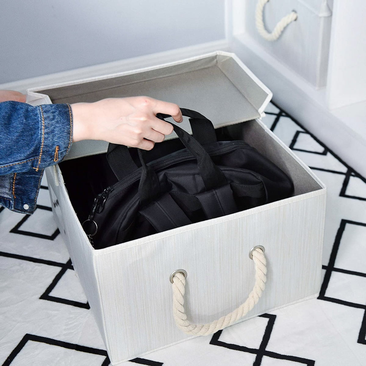 3pk Collapsible Stackable Fabric Storage Organizer Bins With Lids & Rope Handles 3pk Collapsible Stackable Fabric Storage Organizer Bins With Lids & Rope Handles