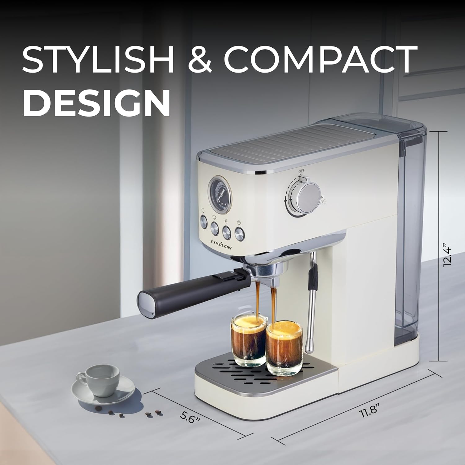 Epsilon Coffee Machine with Milk Frother, Compact 20-Bar Espresso Maker, Hot and Iced Coffee Maker with Removable Water Tank, Cold Brew Feature, and Steam Wand, 1.2L Capacity - Stainless Steel