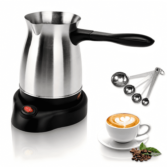 ChrumpTon Electric Turkish Coffee Maker Pot, 17 oz (600 ml), 600W Stainless Steel Coffee & Tea Kettle with Ergonomic Handle and Base for Home Use