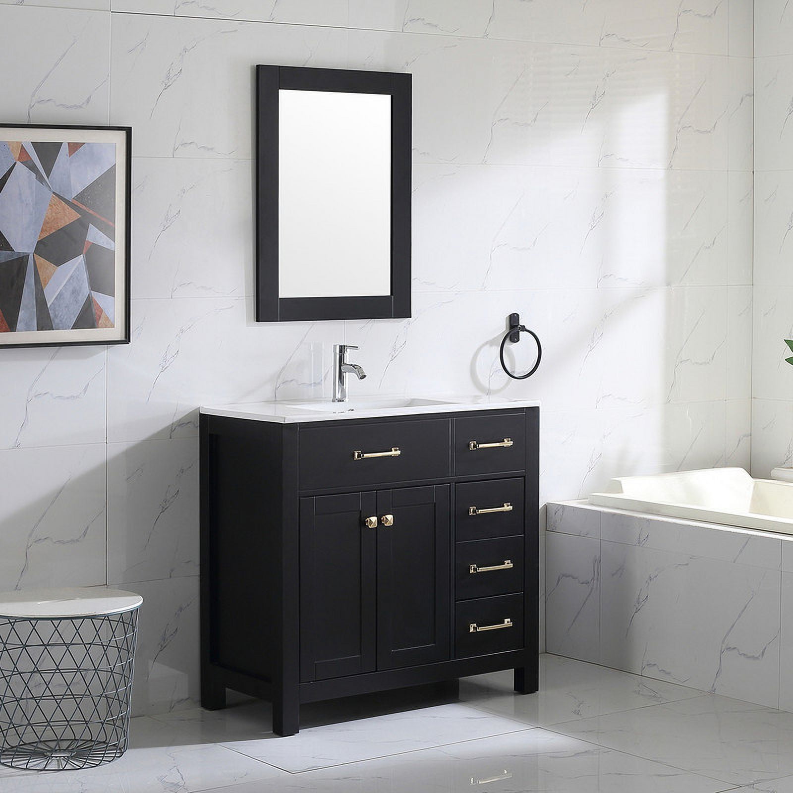 Wonline 36" Luxurious Bathroom Vanity with Sink Combo Set,Free Standing Bathroom Vanity Cabinet w/Thickened Wood, Faucet, Painted Surface, Mirror, Black