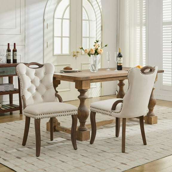 Wooden Dining Chairs, Velvet Dining Chair with Handmade Tufted Trim, Solid Wood Handles on Top and Sides, Vintage Copper Nail Decoration, Curved Solid Wood Legs, Elegant Overall Shape,Set of 2,Beige