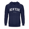 thumbnail image 2 of Men's & Women's Raglan Sleeve Pullover Hoodie with NEW YORK Print, Unisex Loose Fit Sweatshirt, Casual Streetwear for Christmas, Travel, and Weekend Outings,Navy,XL, 2 of 5