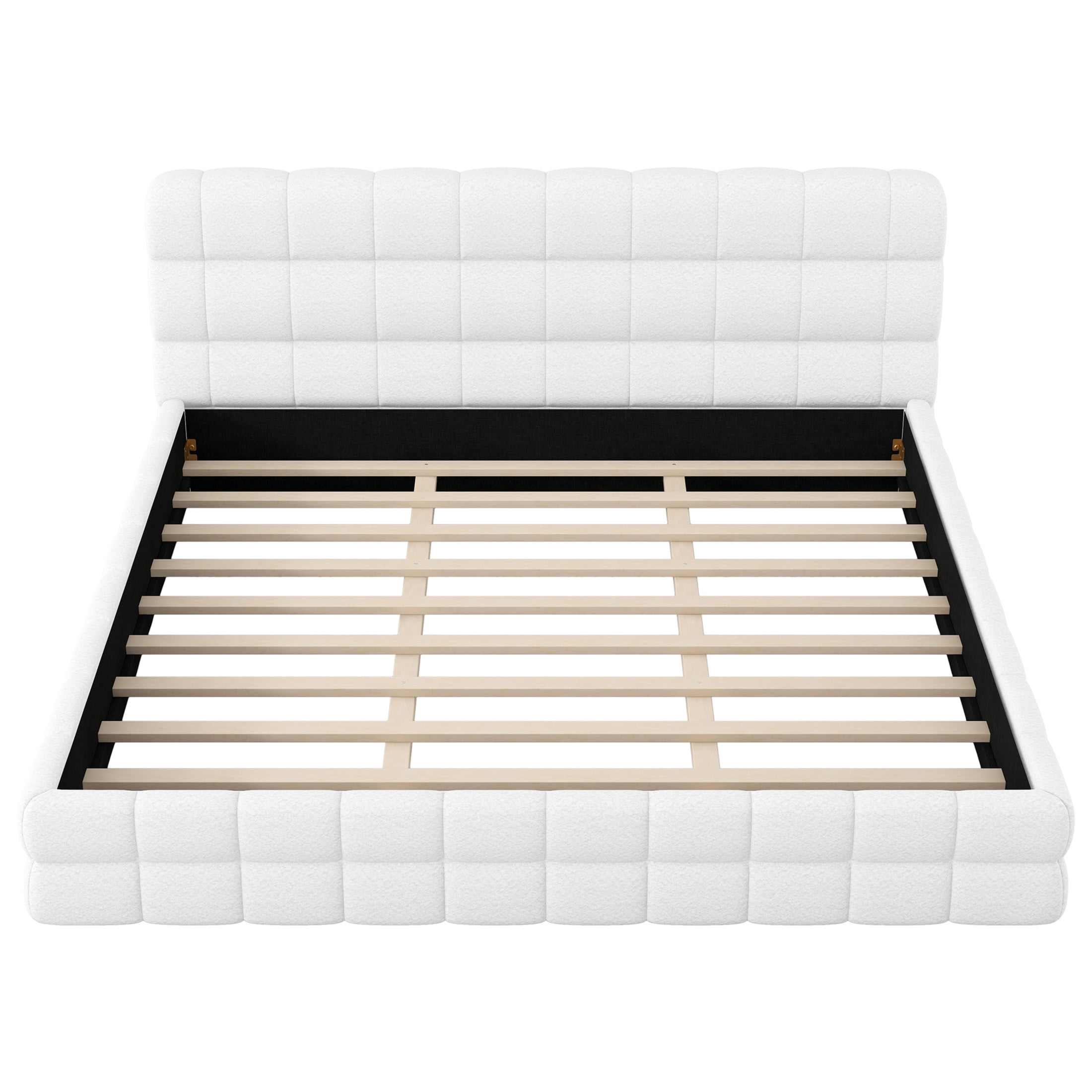 Noble House King Size Upholstered Platform Bed, Berber Fleece Bed Frame with Foam Headboard, Modern Design, White
