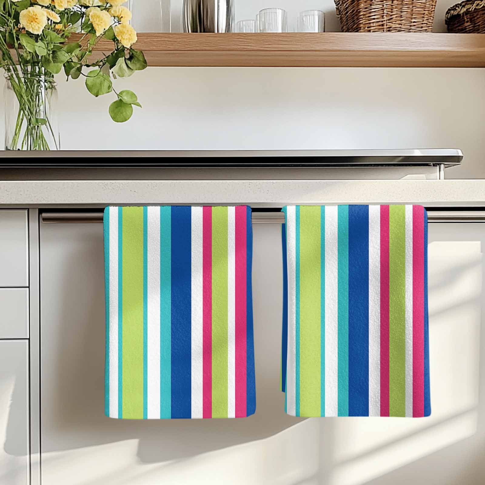 Dish Towels, Pink Blue Green Stripes Absorbent Kitchen Towels 2 PCS, Vertical Striped Lines Microfiber Hand Towels Dish Cloths Tea Towels for Home&nbsp;Bathroom Cleaning Drying,18X28-Inch,