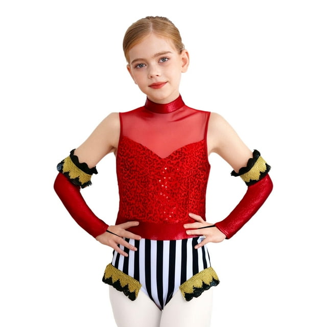 Hansber Girls Ringmaster Tamer 2 Pcs Set Sleeveless Sequins Mock Neck Leotard with Figure Gloves Red 6