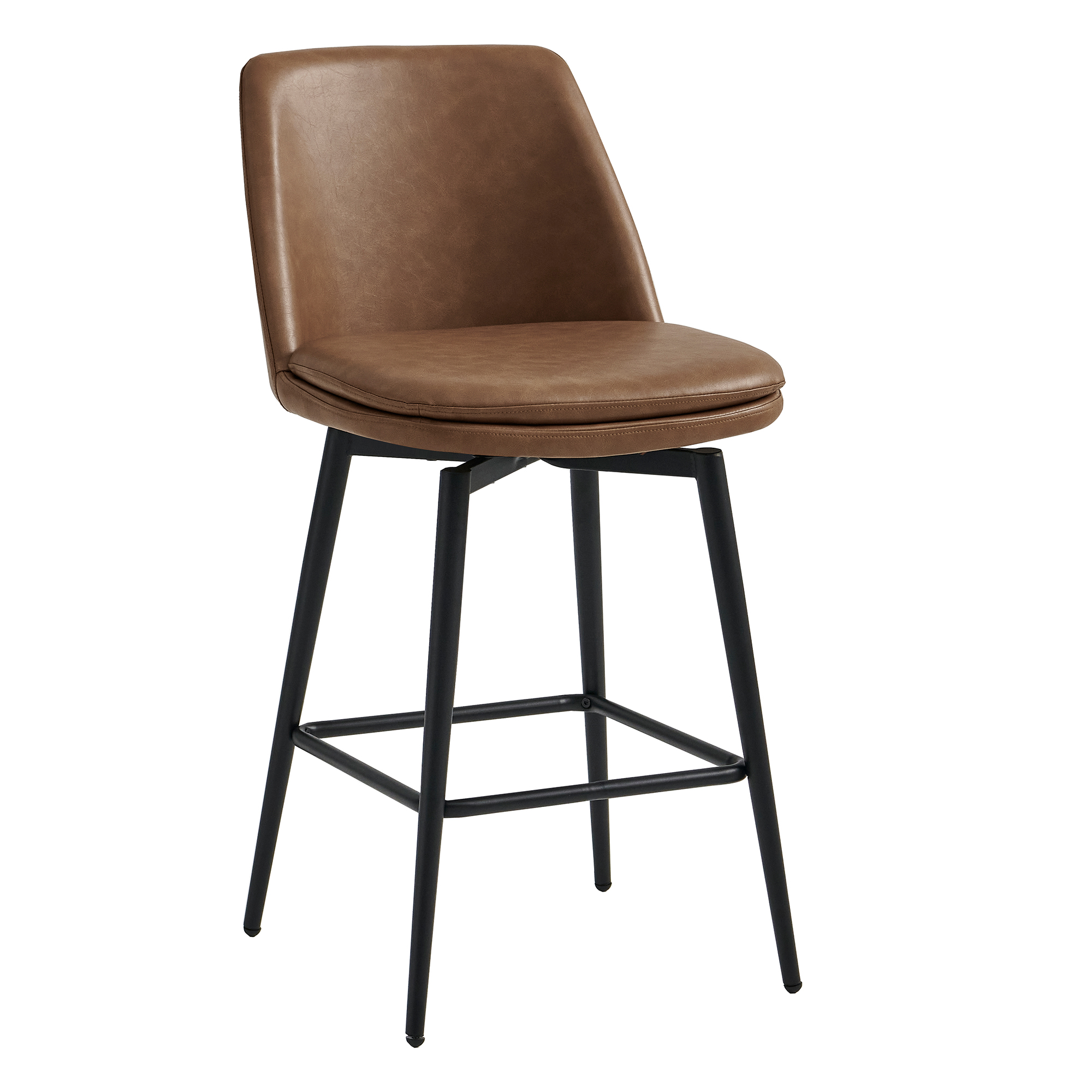 Spruce & Spring Counter Height Swivel Barstool with Curved Back and Metal Legs Set of 2, Brown Faux Leather