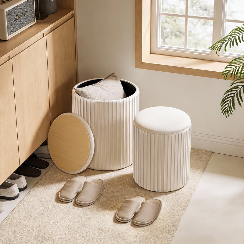 Gianna Round Ottoman Set of 2 with Reversible Seat, Upholstered Vanity Stool, Comfortable Footrest With Storage for Living Room, Bedroom, Beige