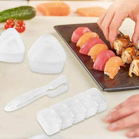 

4 Pieces Sushi Maker Mold Plastic Rice Ball 5 Rolls Maker Mold Triangle Shape Sushi Press Mold Long Handle Sushi Mold White