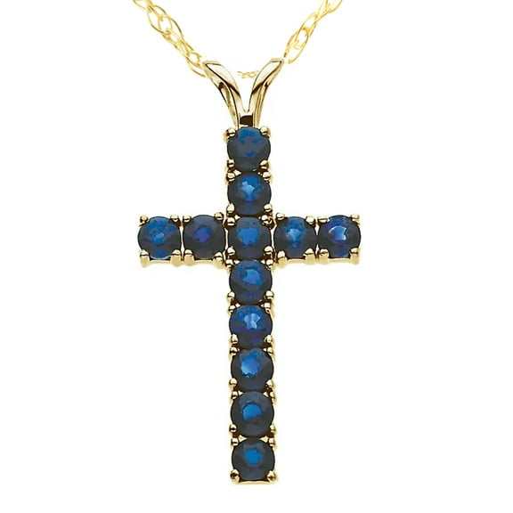 Pompeii 1 1/5 Ct Genuine Blue Sapphire Cross Pendant Necklace 18" Yellow Gold 1" Tall