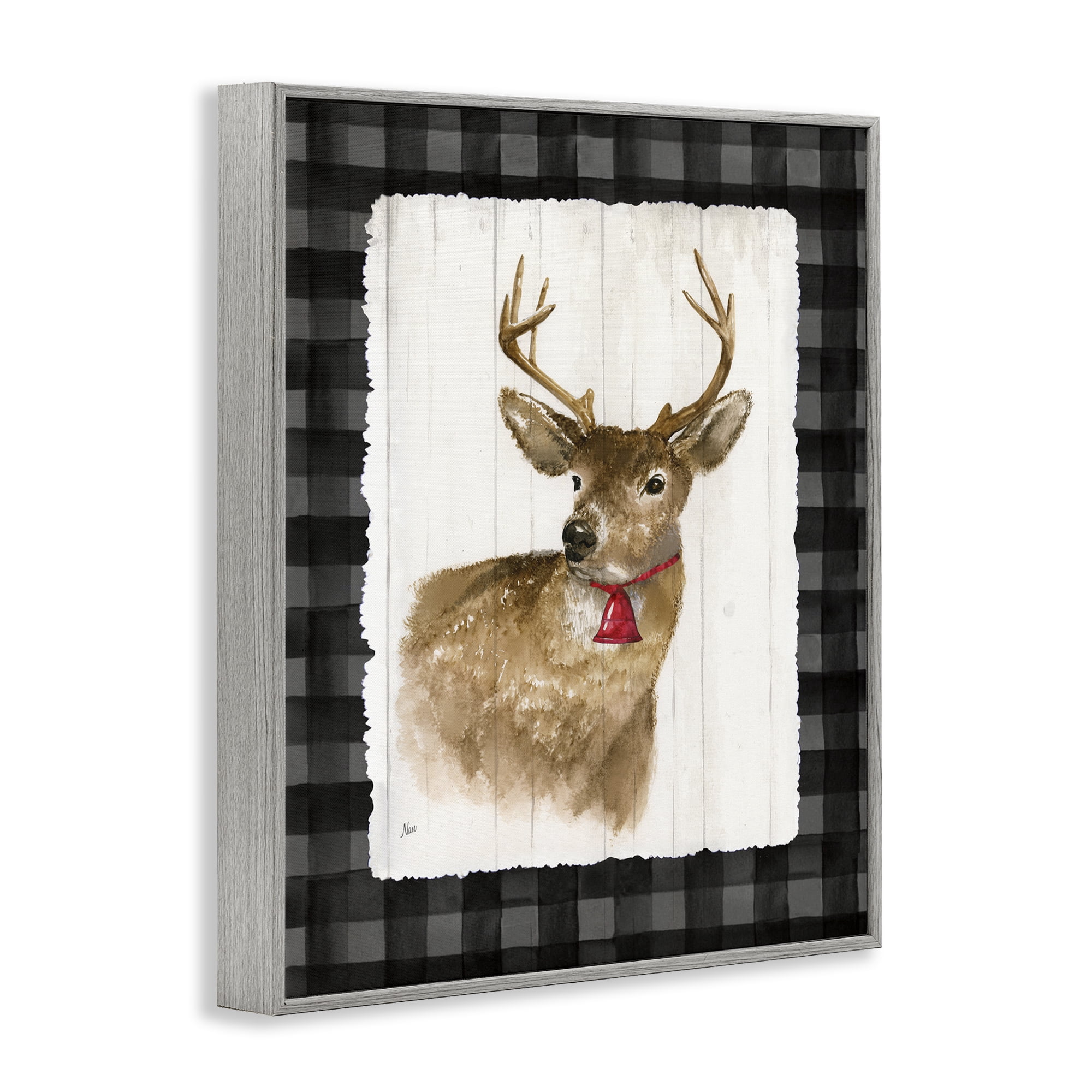 Stupell Industries Deer with Red Bell Animals & Insects Painting Gray Framed Art Prints Wall Art, 11 x 14