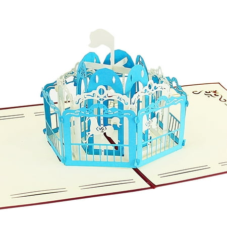 Pop Up Greeting Card - Carousel Amusement Park 3D Paper Greeting Thank You Card Handmade Envelope for kids men women | Halloween Thanksgiving Birthday ( Blue )