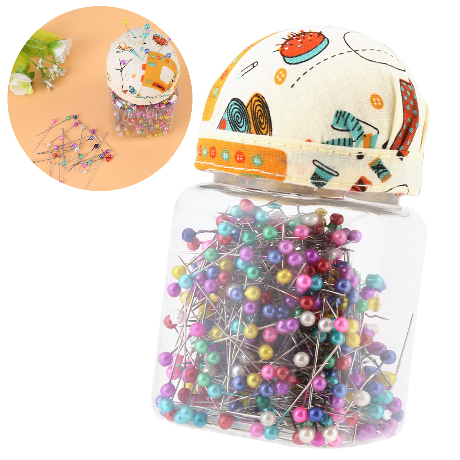 DIYEAH Lot De 500 épingles à Tête Décorative + Coussin à Aiguilles | Têtes Colorées En Verre, Pour Couture, Bricolage, Décoration