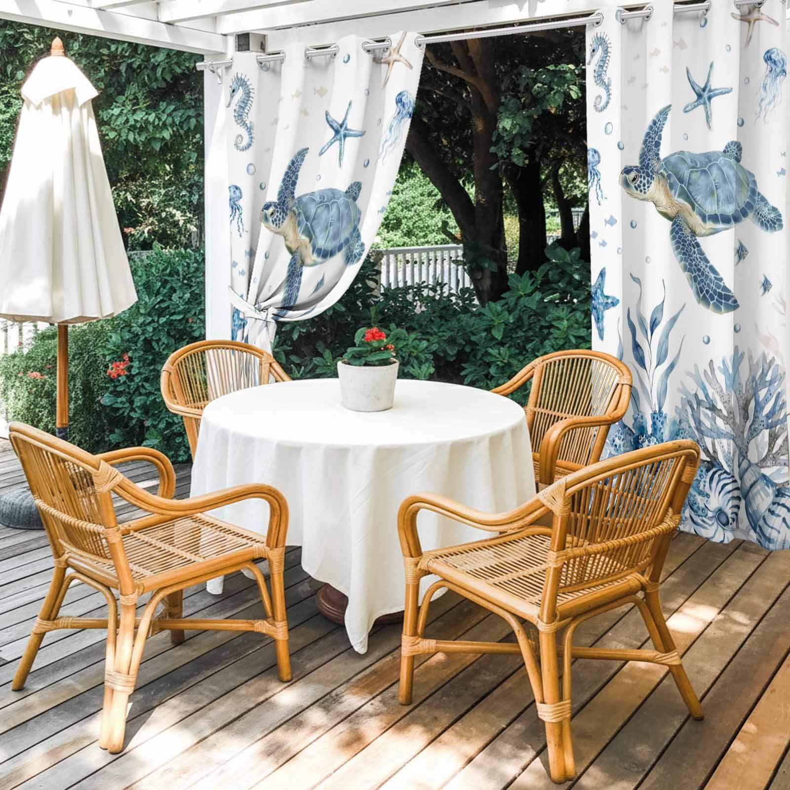 Marine Life Outdoor Curtains for Patio, Watercolor Ocean Turtle Coral Starfish Seashell Coastal Sunshade Privacy Drapes Grommet Waterproof Outside Curtains for Porch/Cabana/Balcony 54"x 108", 1 Panel