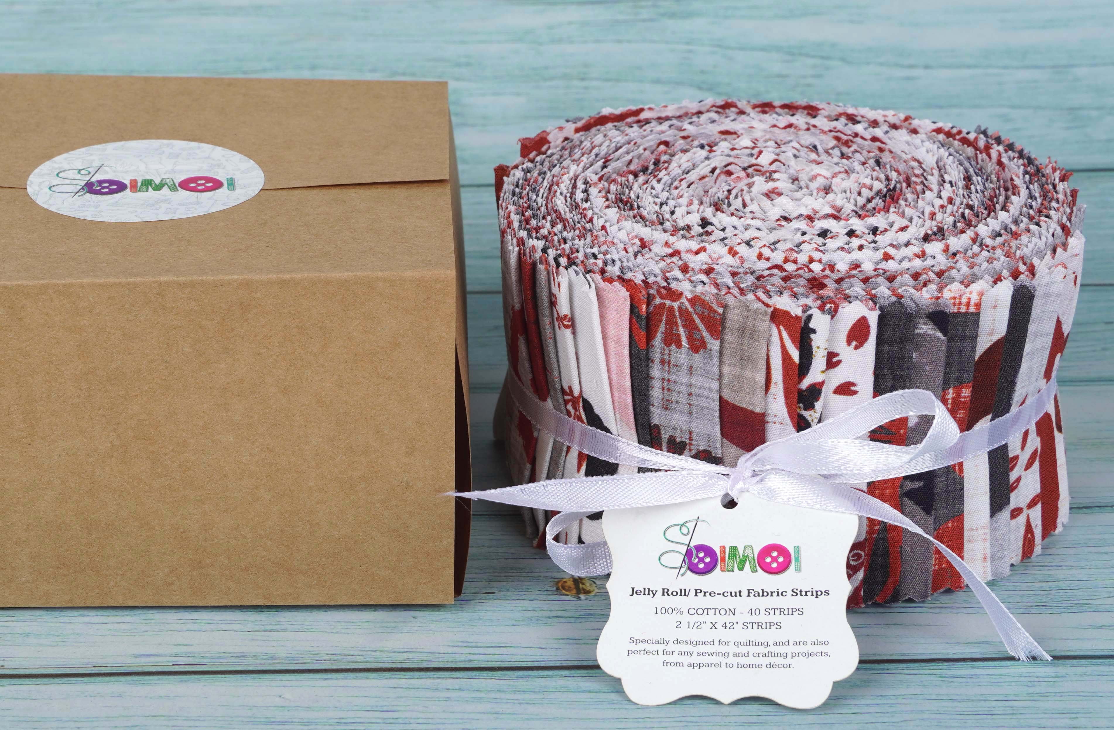 Soimoi 40Pcs Block Print Cotton Precut Fabrics For Quilting Craft Strips 2.5x42inches Jelly Roll - Red