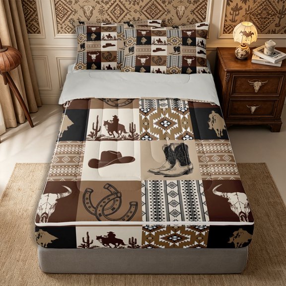 Manfei Western Tribal Aztec Zipper Twin Comforter Sets with Fitted Sheet and 2 Pillowcases,Southwestern Cowboy Boots Hat Zipper Bedding Set,Beige Brown,Reversible