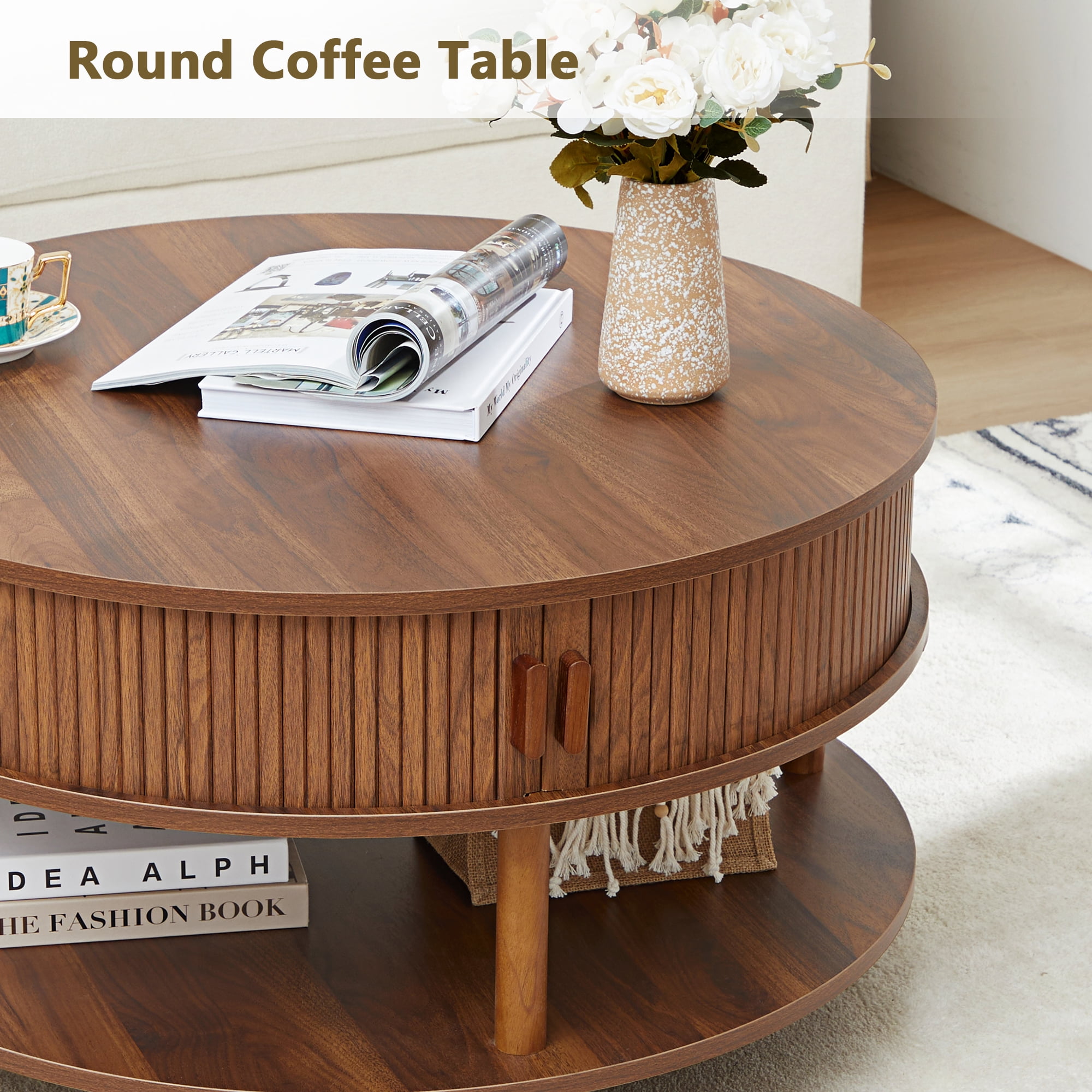 Wirrytor 31 inch Walnut Round Coffee Table for Living Room with Hiddern Storage, Farmhouse Circle Coffee Table with 2-Tier Open Storage Shelf, Modern Center Table