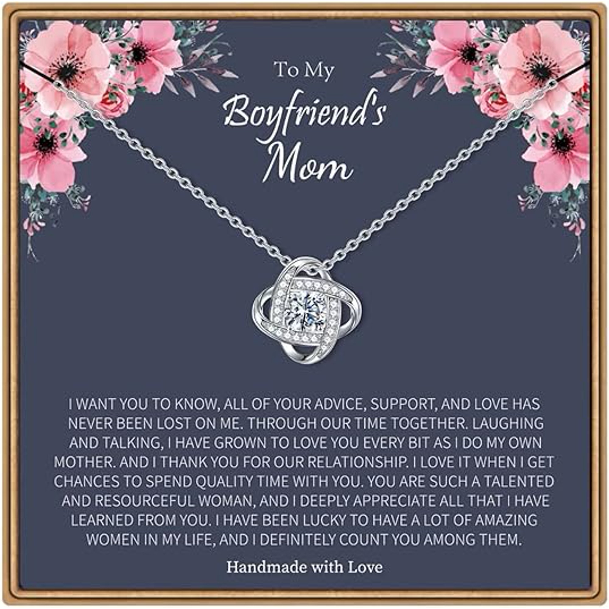 Gifts for Boyfriends Mom, 14K White Gold Plated Dainty Love Knot Necklace for Future Mother In Law, Birthday Gift for Boyfriend's Mom, Jewelry Gifts for Women with Message Card and Gift Box