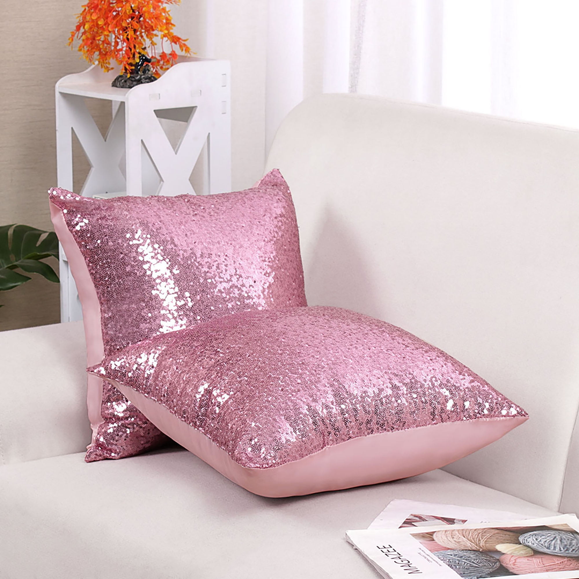 18 Decorative Glitter Sequin Throw Pillow Cover Cushion Covers Pink 2 Pcs